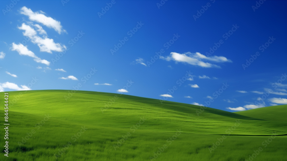 Nature landscape with green meadows, blue sky with clouds and mountains in the background. classic green landscape, Generative AI