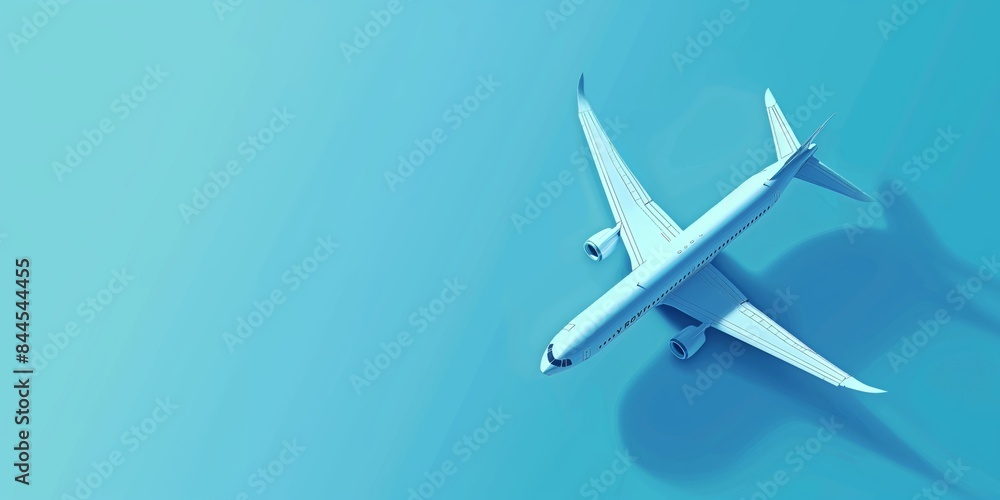 An airplane is seen flying against a gradient blue background, illustrating themes of travel, innovation, and the modern age of global connectivity. An airplane is seen flying against a gradient blue background, illustrating themes of travel, innovation, and the modern age of global connectivity.