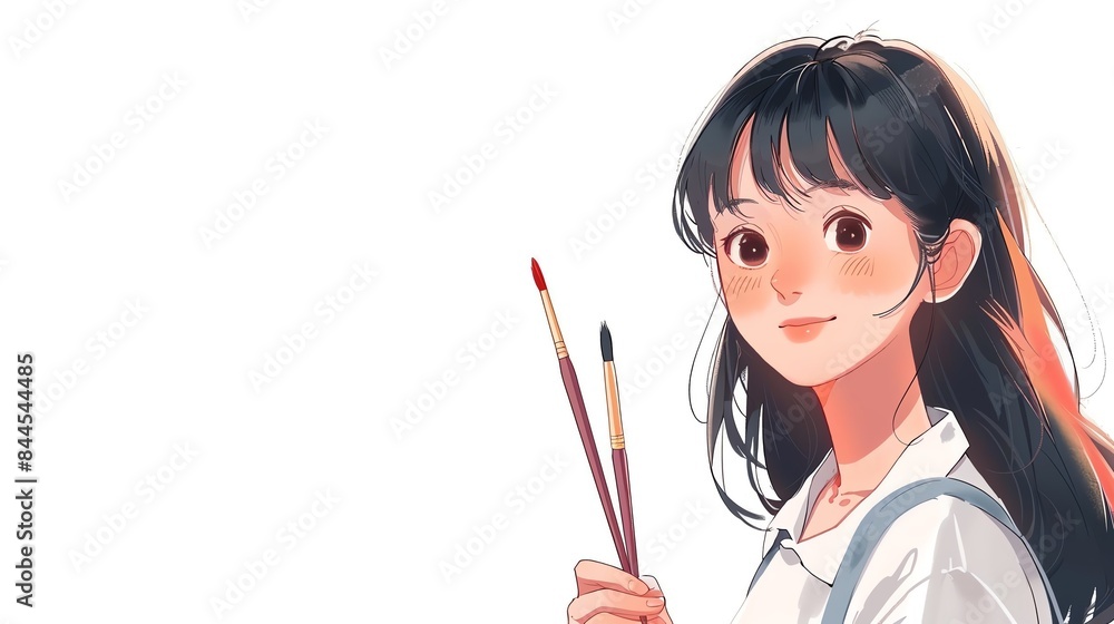 An illustration of a young woman holding paintbrushes with a smile. She is ready to create art. Minimalist background with soft colors. An illustration of a young woman holding paintbrushes with a smile. She is ready to create art. Minimalist background with soft colors.