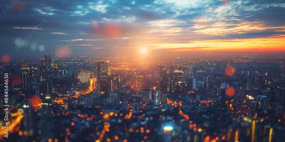 An aerial view of a bustling city as the sun sets, illuminating the horizon with warm colors and casting a serene glow over the myriad lights of the buildings below. An aerial view of a bustling city as the sun sets, illuminating the horizon with warm colors and casting a serene glow over the myriad lights of the buildings below.
