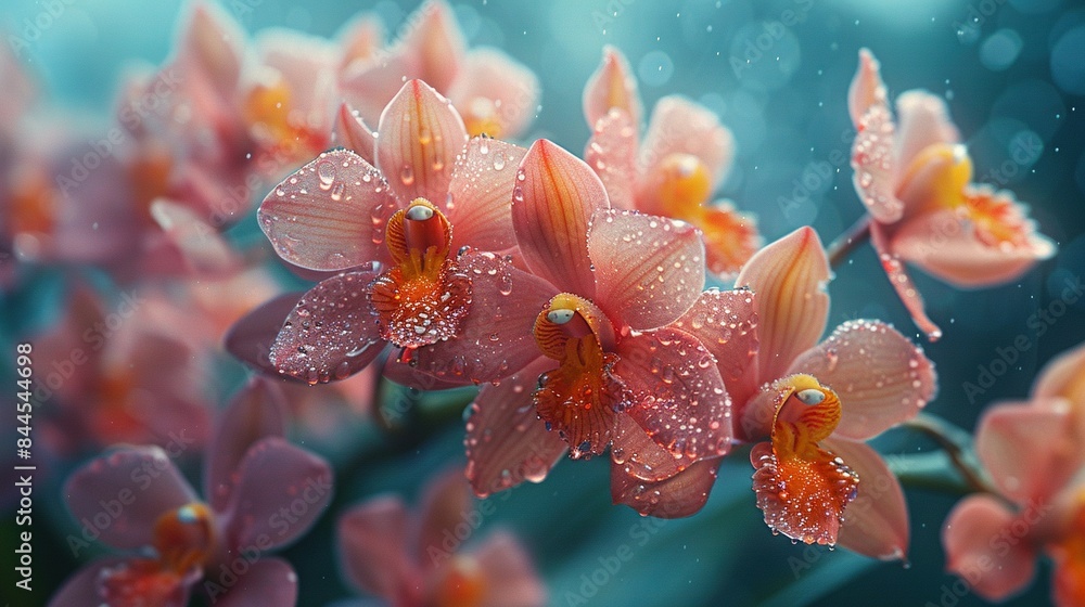 vividly wet flower petals surrounded by a hazy background of dripping water vividly wet flower petals surrounded by a hazy background of dripping water