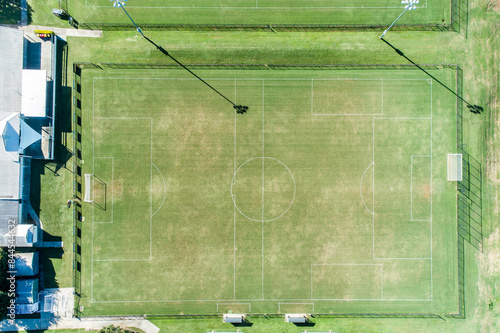 Aerial view of a grassy soccer football field. photo