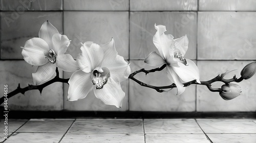   A monochrome image of a bloom perched atop a tree limb against a tiled backdrop with a matching surface photo