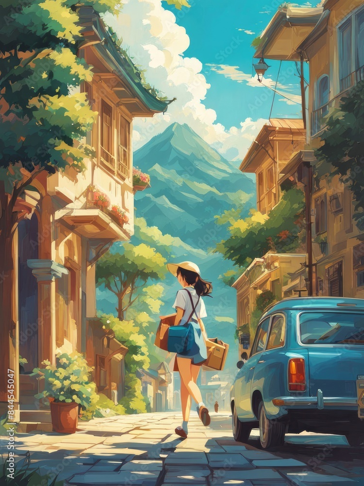 Obraz premium Illustration of a girl who loves traveling, carrying a suitcase, reading a travel guide in anime, watercolor and cartoon style.