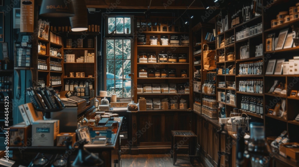 A store with many shelves and a window A store with many shelves and a window