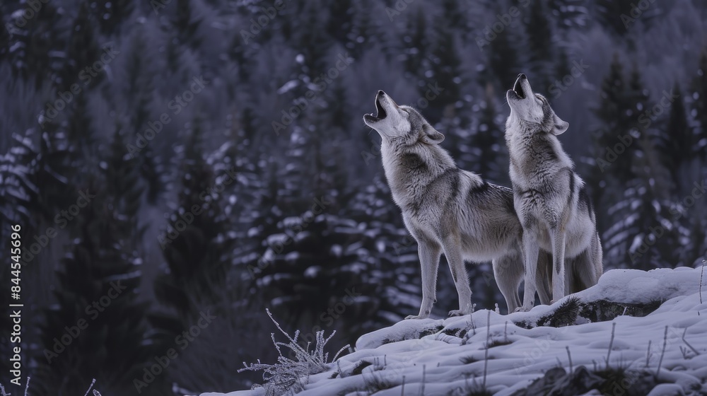Midnight Serenade: Majestic Wolves Howling in Snowy Forest Habitat under Pale Moonlight Midnight Serenade: Majestic Wolves Howling in Snowy Forest Habitat under Pale Moonlight