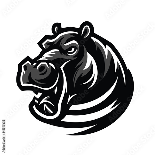 Illustration of a fierce Hippopotamus in black and white