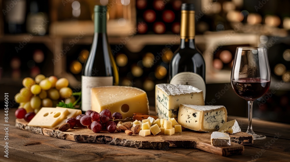Obraz premium Cheese Platter with Wine and Grapes
