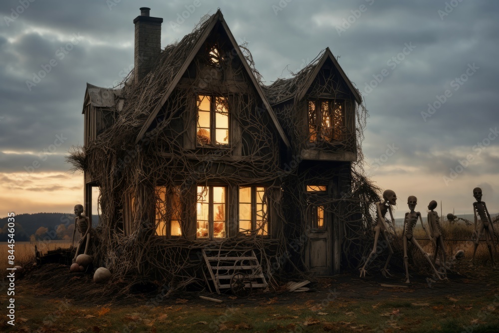 Spooky old haunted house with skeletons in the yard during a gloomy sunset Spooky old haunted house with skeletons in the yard during a gloomy sunset