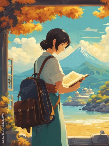 Illustration of a girl who loves traveling, carrying a suitcase, reading a travel guide in anime, watercolor and cartoon style.