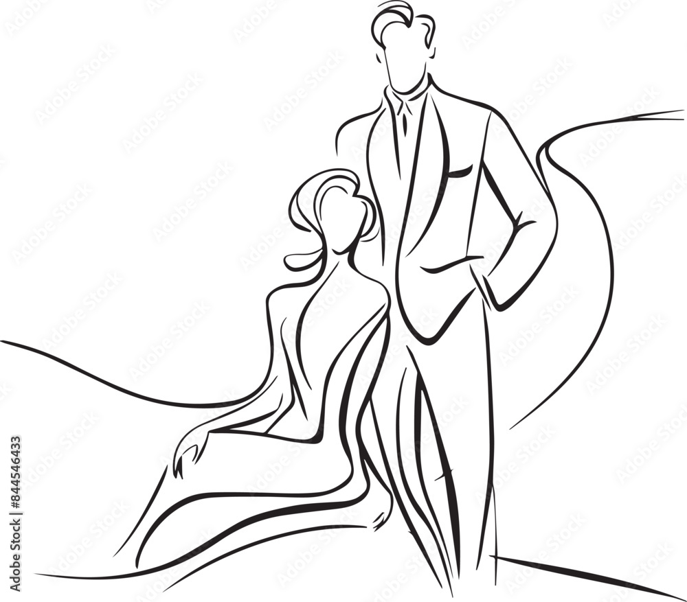 Man talking with a woman couple in continuous line art drawing style. Black linear sketch isolated on white background. Vector illustration. Valentines day minimalist modern drawing. Man talking with a woman couple in continuous line art drawing style. Black linear sketch isolated on white background. Vector illustration. Valentines day minimalist modern drawing.