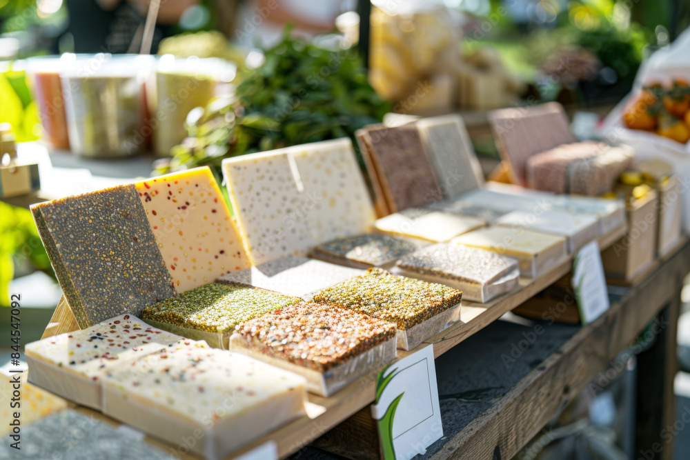Plantable seed papers on display at a local market, inviting sustainable planting and gardening Plantable seed papers on display at a local market, inviting sustainable planting and gardening