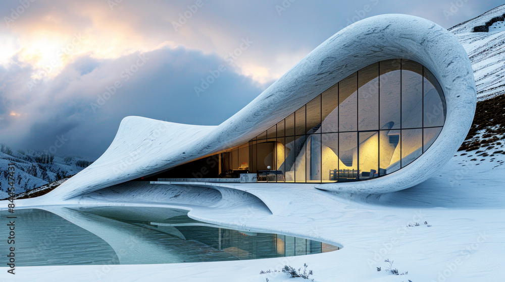 Fototapeta premium Futuristic building in beautiful mountains, winter scene
