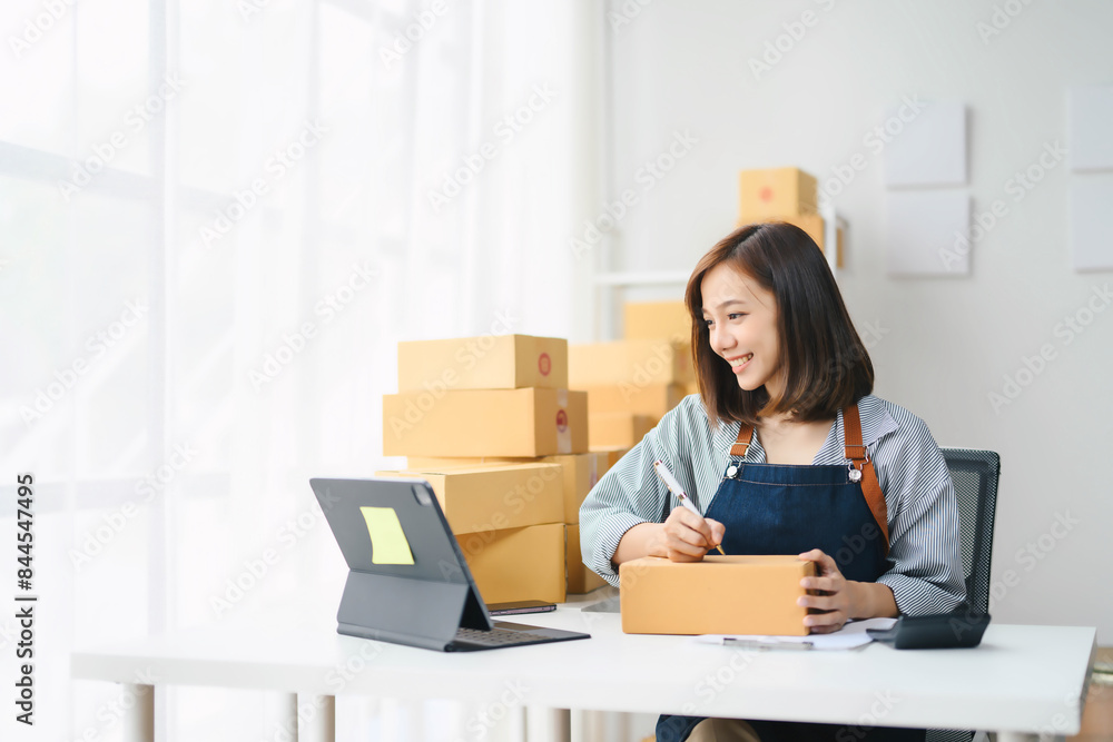 Young Woman Working from Home Packing Boxes for Online Business with Laptop on Desk in Bright Modern Workspace Young Woman Working from Home Packing Boxes for Online Business with Laptop on Desk in Bright Modern Workspace