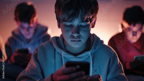 Cell phone addiction concept. Many teens hold smart device. Social media obsession. Online communication problem. People watch mobile gadget screen. Cyberspace internet network. Bad habit. Neon light.