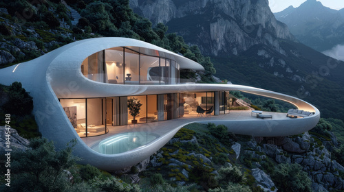 Futuristic building in beautiful mountains