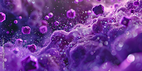 Amethyst Purple Sanitizer Disruption: High-resolution view of amethyst purple-colored sanitizer particles, depicting microbial cell disruption and decontamination photo