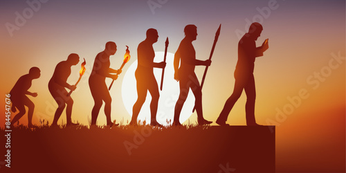 Concept de l’addiction au smartphone et aux réseaux sociaux avec le symbole de Darwin montrant l’évolution de l’homme qui avance vers sa chute en regardant son écran.