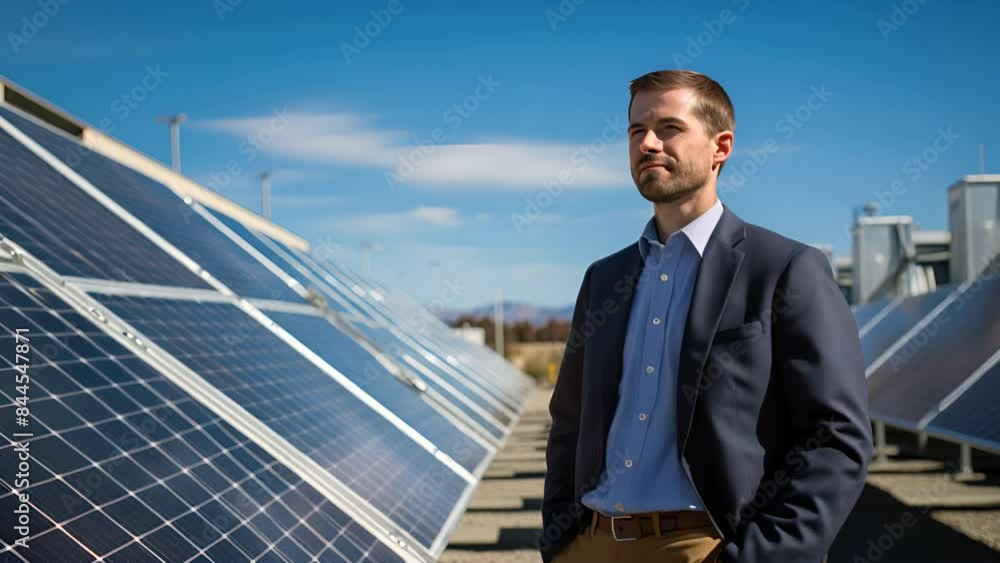 Young businessman with solar panel background Young businessman with solar panel background