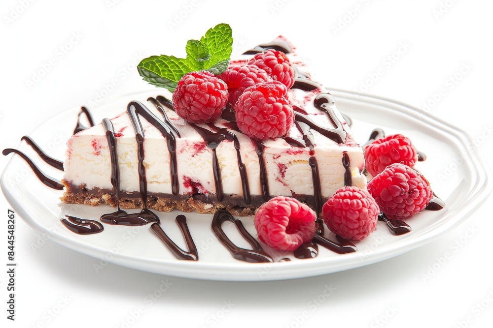 Delicious cheesecake with fresh raspberries and chocolate drizzle, perfect for a rich and indulgent dessert experience Delicious cheesecake with fresh raspberries and chocolate drizzle, perfect for a rich and indulgent dessert experience