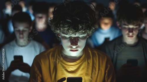 Cell phone addiction concept. Many teens hold smart device. Social media obsession. Online communication problem. People watch mobile gadget screen. Cyberspace internet network. Bad habit. Neon light.