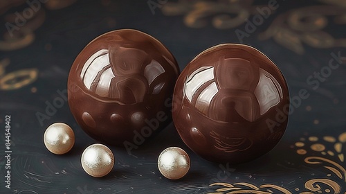   A pair of chocolate eggs rests atop a table alongside pearled eggs photo