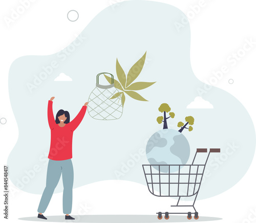 Eco friendly consumer with sustainable shopping habits .Environmental care with reusable and green product choices . vector illustration.