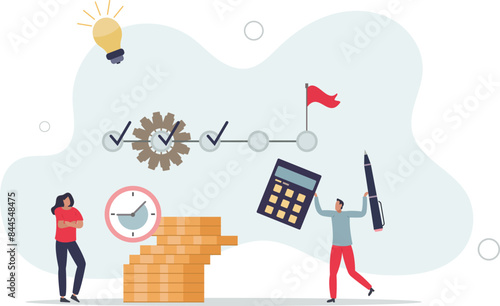 Business solution and goals.Cartoon tiny people mark points in timeline with pen. vector illustration.