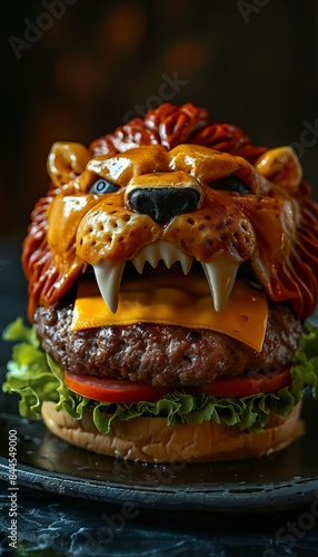 Creative burger shaped like a lion's head with lettuce, tomato, cheese, and patty on a plate. Unique food art and delicious presentation. photo