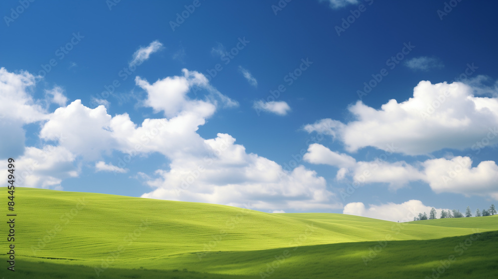Nature landscape with green meadows, blue sky with clouds and mountains in the background. classic green landscape, Generative AI Nature landscape with green meadows, blue sky with clouds and mountains in the background. classic green landscape, Generative AI