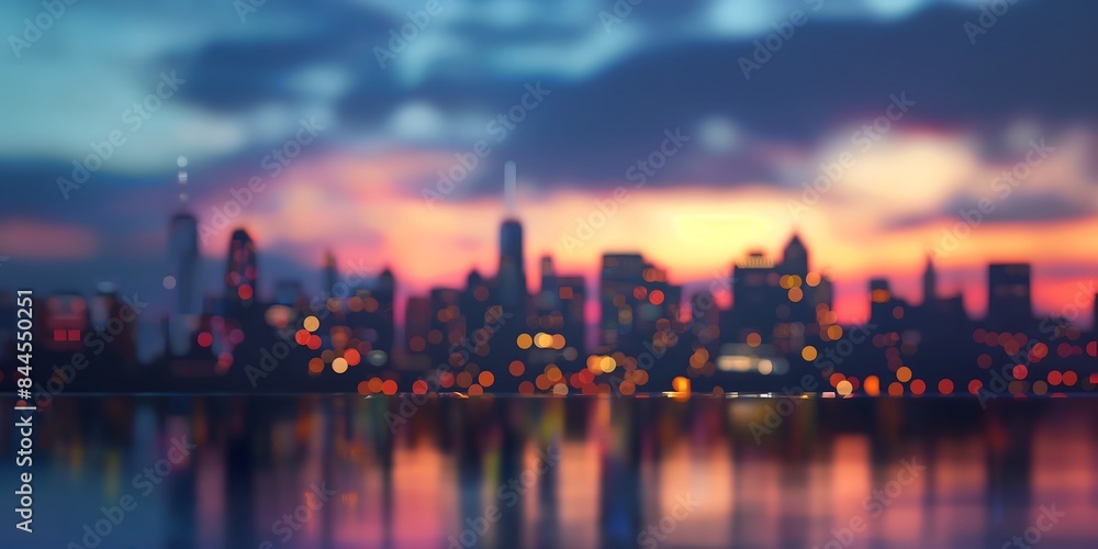 Fototapeta premium Dreamy Urban Sunset Scene with Out-of-Focus City Lights, Colorful Horizon, and Moody Blue-to-Orange Sky Transition