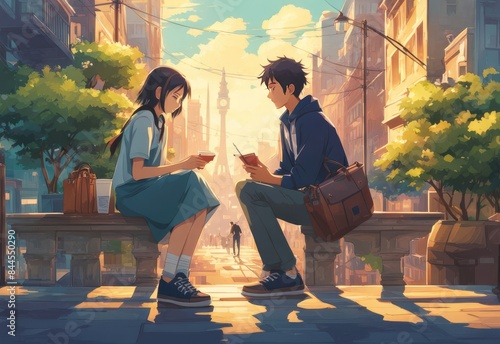 an Indian boy and girl discussing with each other while smiling kindly in a city with anime and cartoon style