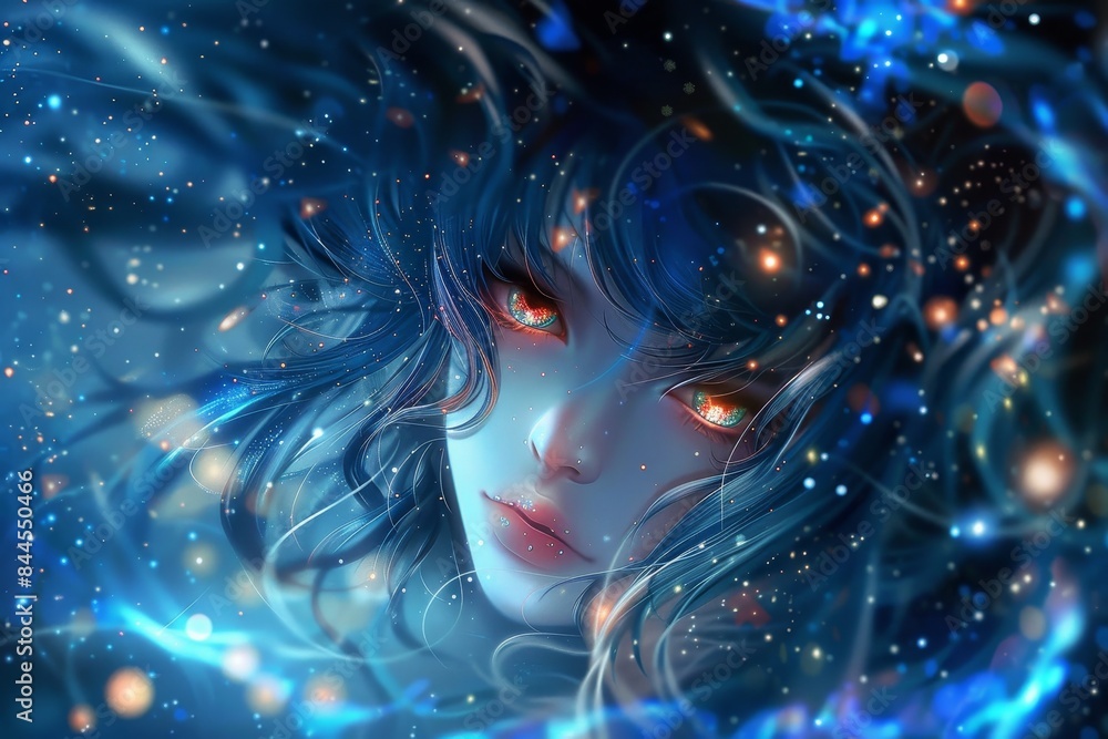 Enigmatic Anime Girl with vibrant eyes, flowing hair, and ethereal aura on a starry night background. Enigmatic Anime Girl with vibrant eyes, flowing hair, and ethereal aura on a starry night background.