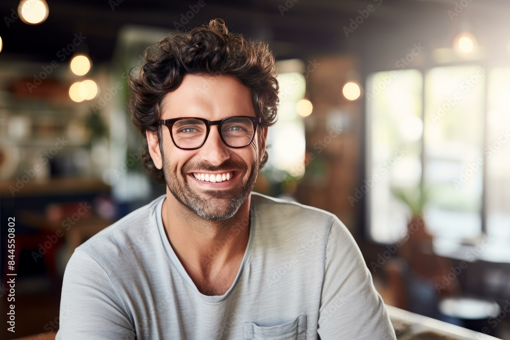 Joyful young man with glasses smiling confidently in a modern cafe setting Joyful young man with glasses smiling confidently in a modern cafe setting