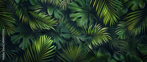 Elegant Dark Green Seamless Pattern with Fine Line Palm Leaves: Tropical Tranquility and Beauty