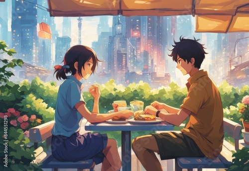 an Indian boy and girl discussing with each other while smiling kindly in a city with anime and cartoon style