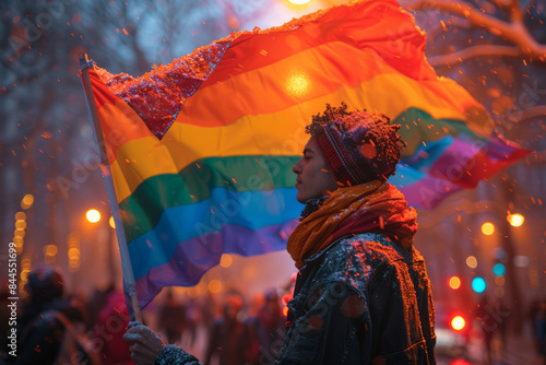 A man holds a rainbow pride flag in the snow at night