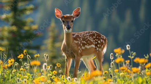 A deer is standing in a field of yellow flowers photo