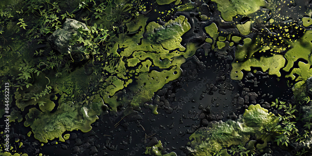 Slimy Sludge Swamp: Detailed microscopy of slimy and splattered residues in a swamp setting, colored in slimy greens, greasy blacks, and scummy grays Slimy Sludge Swamp: Detailed microscopy of slimy and splattered residues in a swamp setting, colored in slimy greens, greasy blacks, and scummy grays
