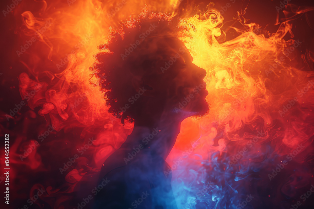Silhouette of black young man with curly hair against backdrop of colorful smoke Silhouette of black young man with curly hair against backdrop of colorful smoke