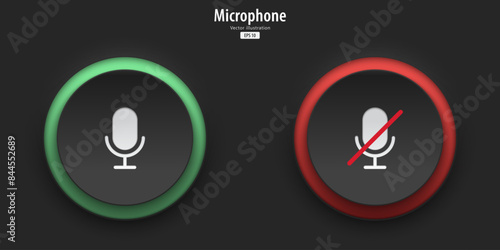 Microphone sign. A set of black push buttons with on and off microphone symbols. 3D Neumorphism design style for Apps, Websites, Interfaces, and mobile apps. UI UX. Vector illustration.
