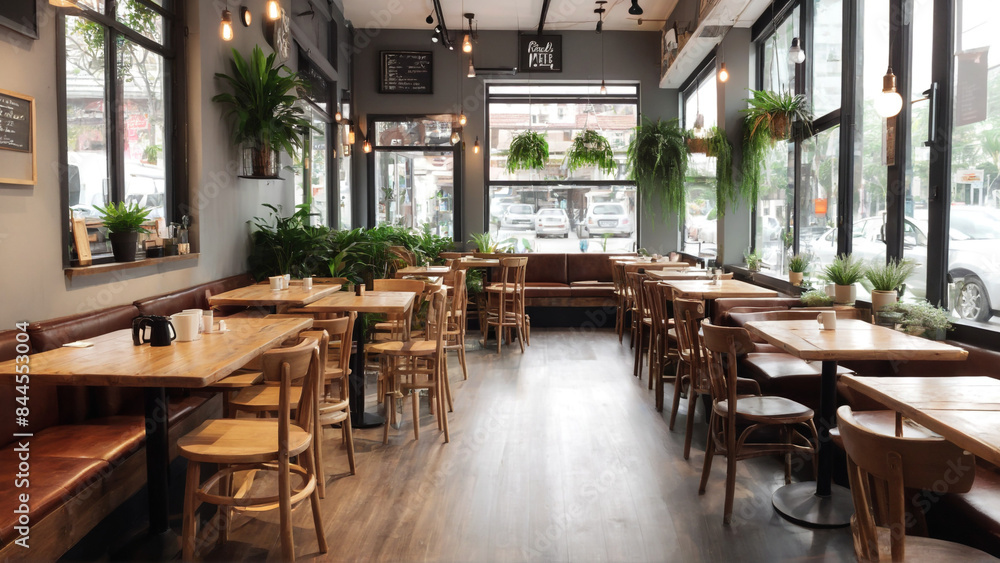 Cozy and inviting café interior with rustic wooden furniture and large windows allowing natural light to flood the space. The café features wooden tables and chairs, a row of high stools along the win