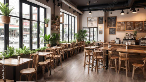 Cozy and inviting café interior with rustic wooden furniture and large windows allowing natural light to flood the space. The café features wooden tables and chairs, a row of high stools along the win