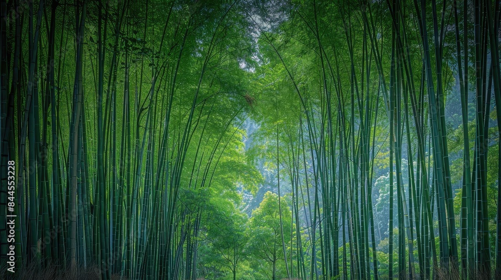 Serene bamboo forest with tall, lush green stalks forming a natural canopy, creating a tranquil and peaceful atmosphere. Serene bamboo forest with tall, lush green stalks forming a natural canopy, creating a tranquil and peaceful atmosphere.