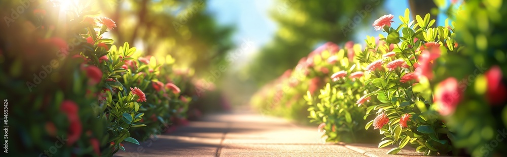 Garden Pathway Enchanting blurred background image of a garden pathway lined with blooming flowers, green shrubs, and a blue sky on a sunny day. 