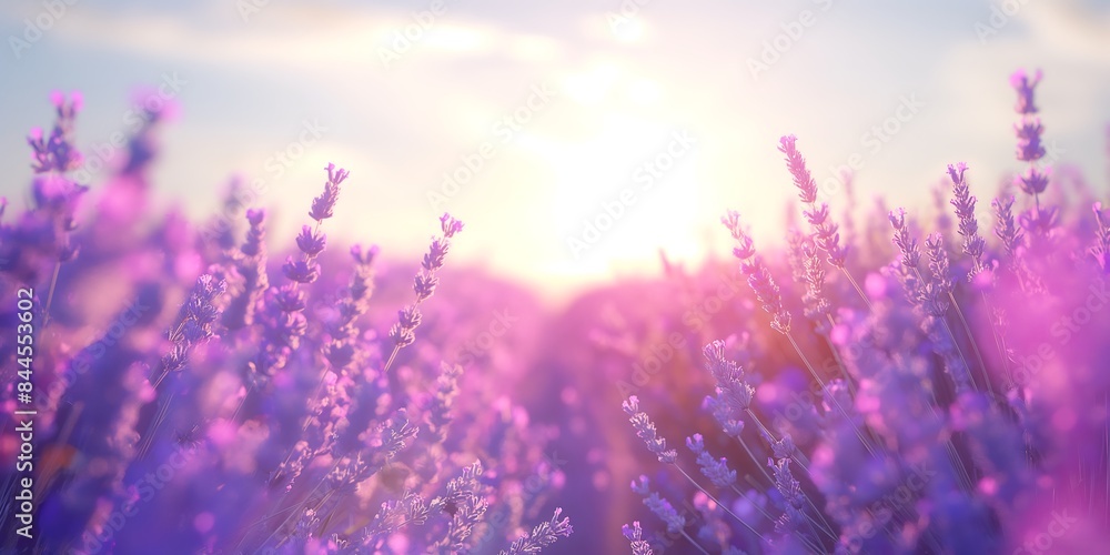 Serene Lavender Farm Panorama with Soft Focus, Artistic Bokeh Effects, and a Colorful Horizon of Violet, Pink, and Yellow Hues Serene Lavender Farm Panorama with Soft Focus, Artistic Bokeh Effects, and a Colorful Horizon of Violet, Pink, and Yellow Hues