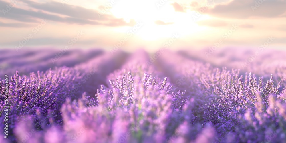 Obraz premium lavender field in sunset, Lavender Field Dreamy blurred background image of a lavender field in full bloom, with rows of purple flowers and a clear, sunny sky.