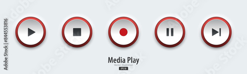 Play multimedia sign. A set of white push buttons with multimedia symbols. 3D Neumorphism design style for Apps, Websites, Interfaces, and mobile apps. UI UX. Vector illustration.