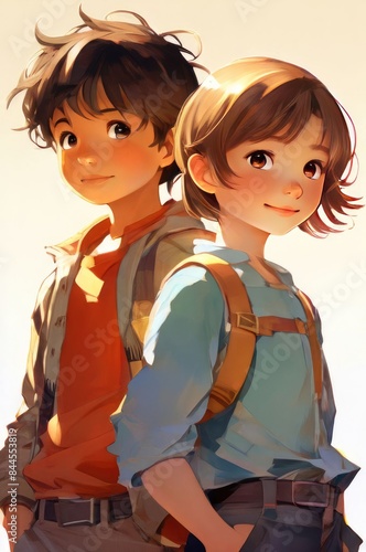 illustration of 2 school children in cartoon and anime style