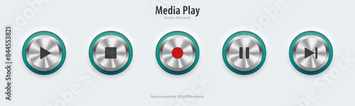 Play multimedia sign. A set of white button have blue neon lights with multimedia symbols. 3D Neumorphism design style for Apps, Websites, Interfaces, and mobile apps. UI UX. Vector illustration.